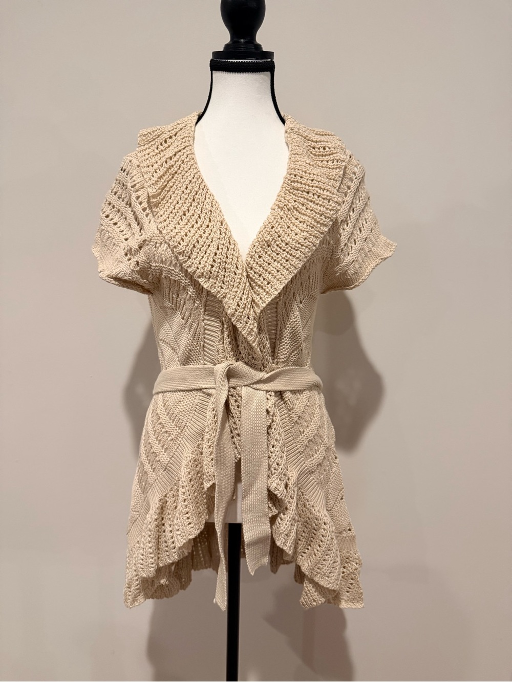 Open-Knit Cream Belted Short-Sleeve Cardigan